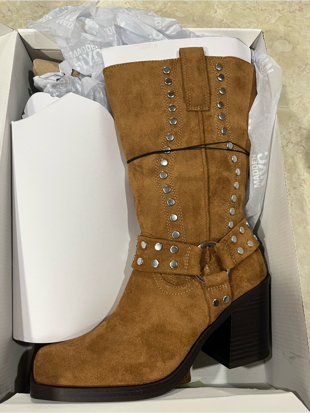 Madden Girl Cognac Suede Studded Mid-Calf Heeled Boot